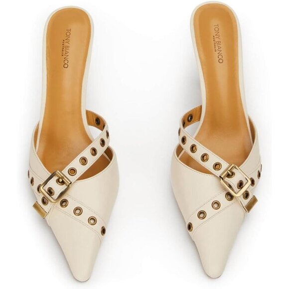 🆕 White Faux Leather Studded Kitten Heel Mules for Women Pointed Toe Stilettos - Picture 3 of 4